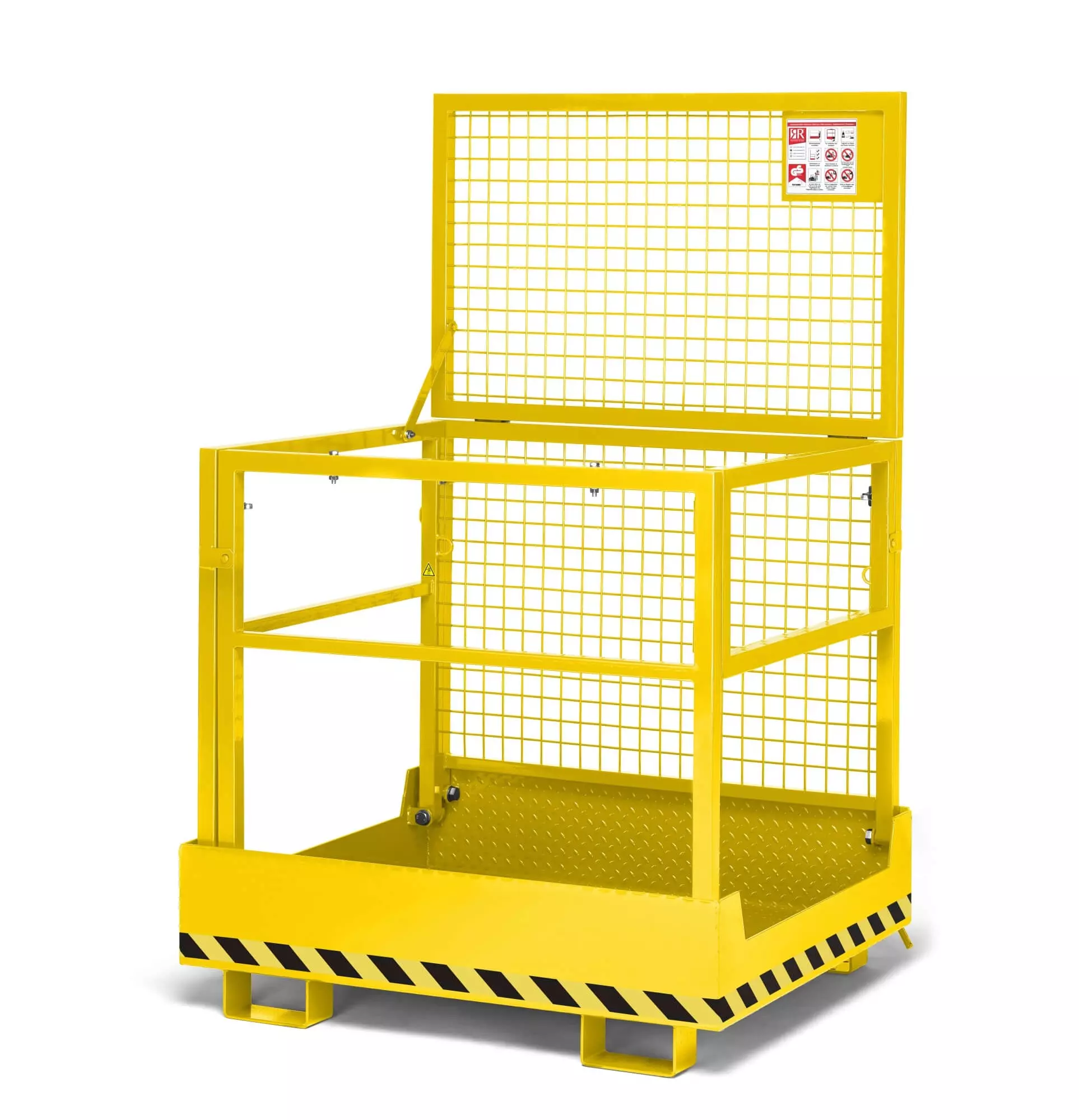 Arbeitskorb für Frontlader / Arbeitsbühne für Stapler Compact RAL 1023 zusammenklappbar zur platzsparenden Lagerung, Zulässig für 2 Personen, BxTxH 1200x1080x1910 mm, Traglast 300 kg, RAL 1023 verkehrsgelb TÜV-Zertifiziert - Made in Germany
