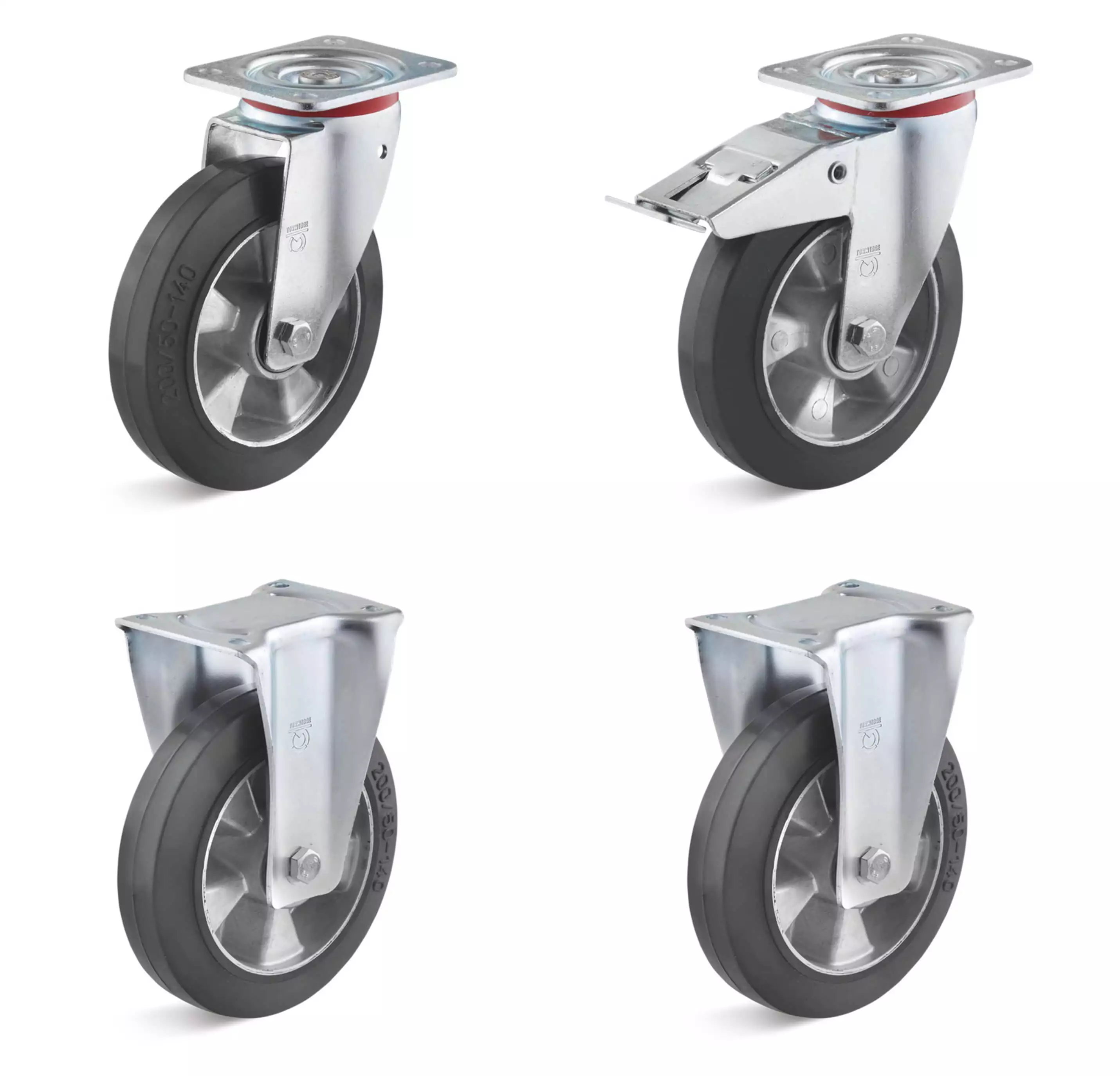 Zubehör: Gummi Radsatz ø160 mm, Lauffläche schwarz, 1500 kg Tragkraft, Gesamtbauhöhe 200mm, 2x Bockrolle, 1x Lenkrolle, 1x Lenkrolle mit Stopper - Made in Germany