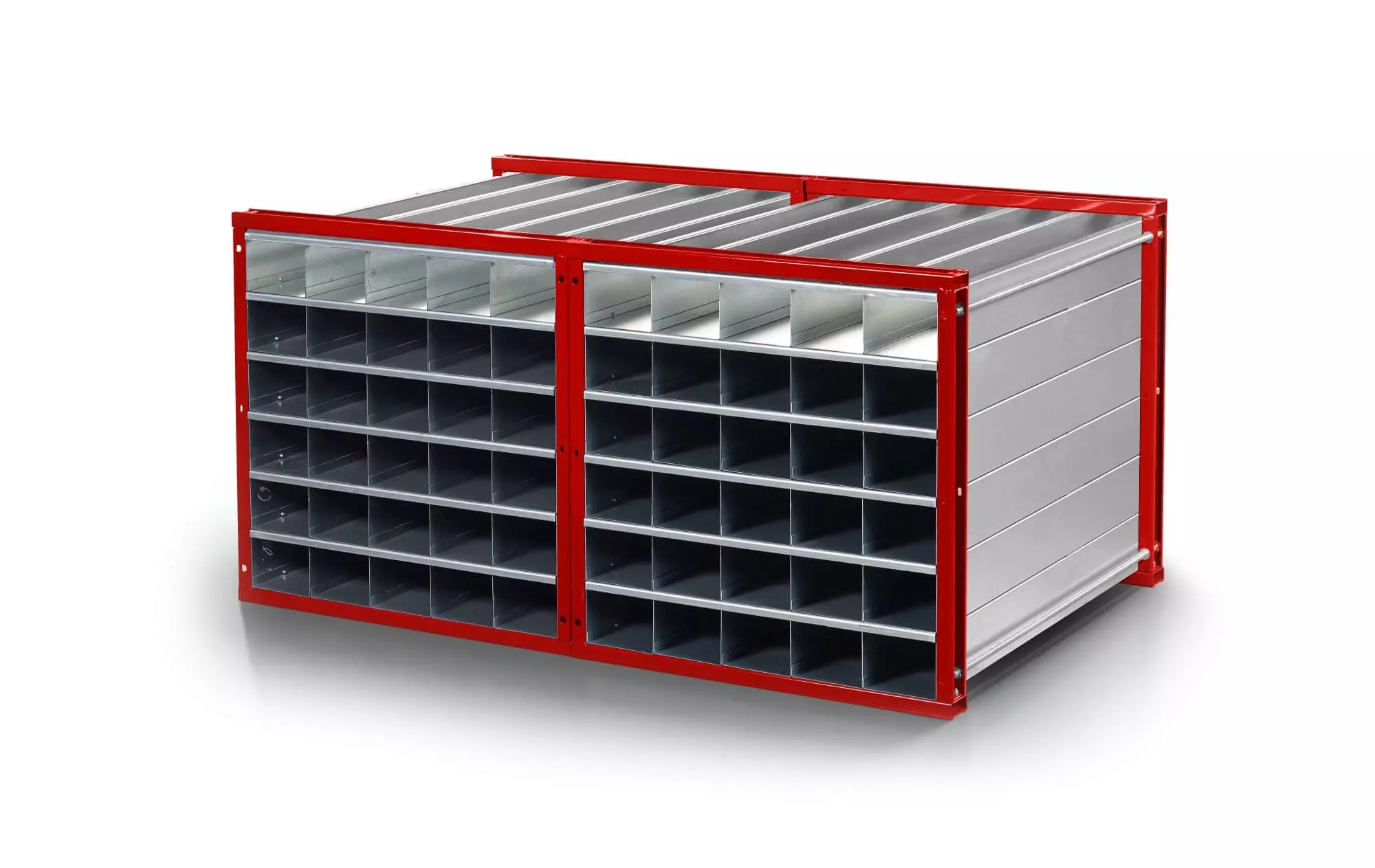 Wabenregal BxTxH 1000x1000x1000mm inkl. 36 Wannen 6x6 Fächer Waben BxH 150x130mm Wannen verzinkt Rahmen RAL 3000 feuerrot - Made in Germany